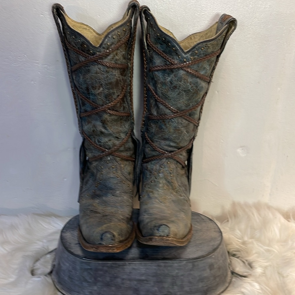 #0167 Corral Vintage Leather Snip Toe Cowboy Boot With Fringe-7.5 - Picture 4 of 15